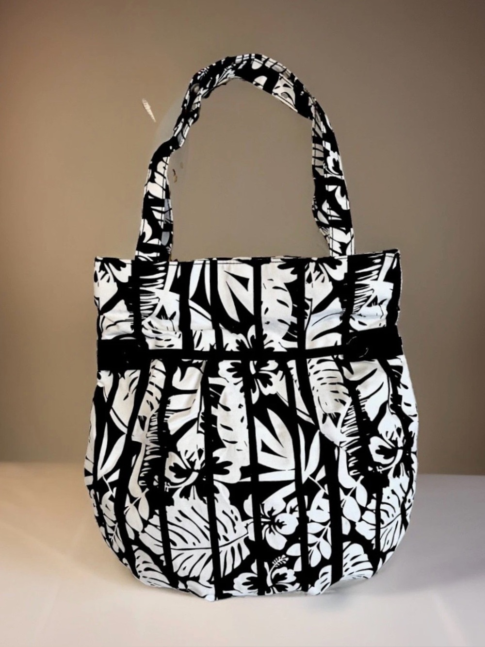 SALE! Woman Within Tropical Floral 100% Cotton Tote Black/White Button/Pleated
